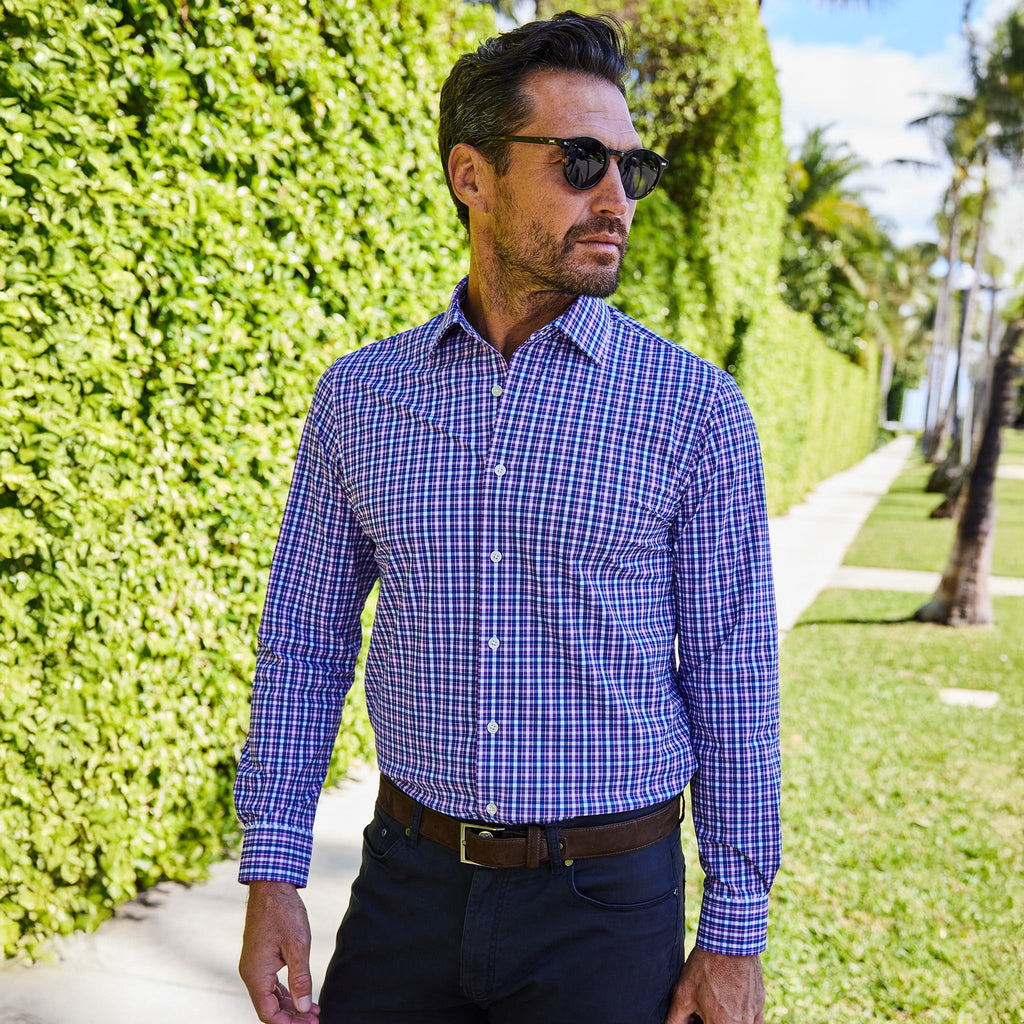 Apex Performance Dress Shirt Semi-Spread Collar Purple and Blue Tattersall