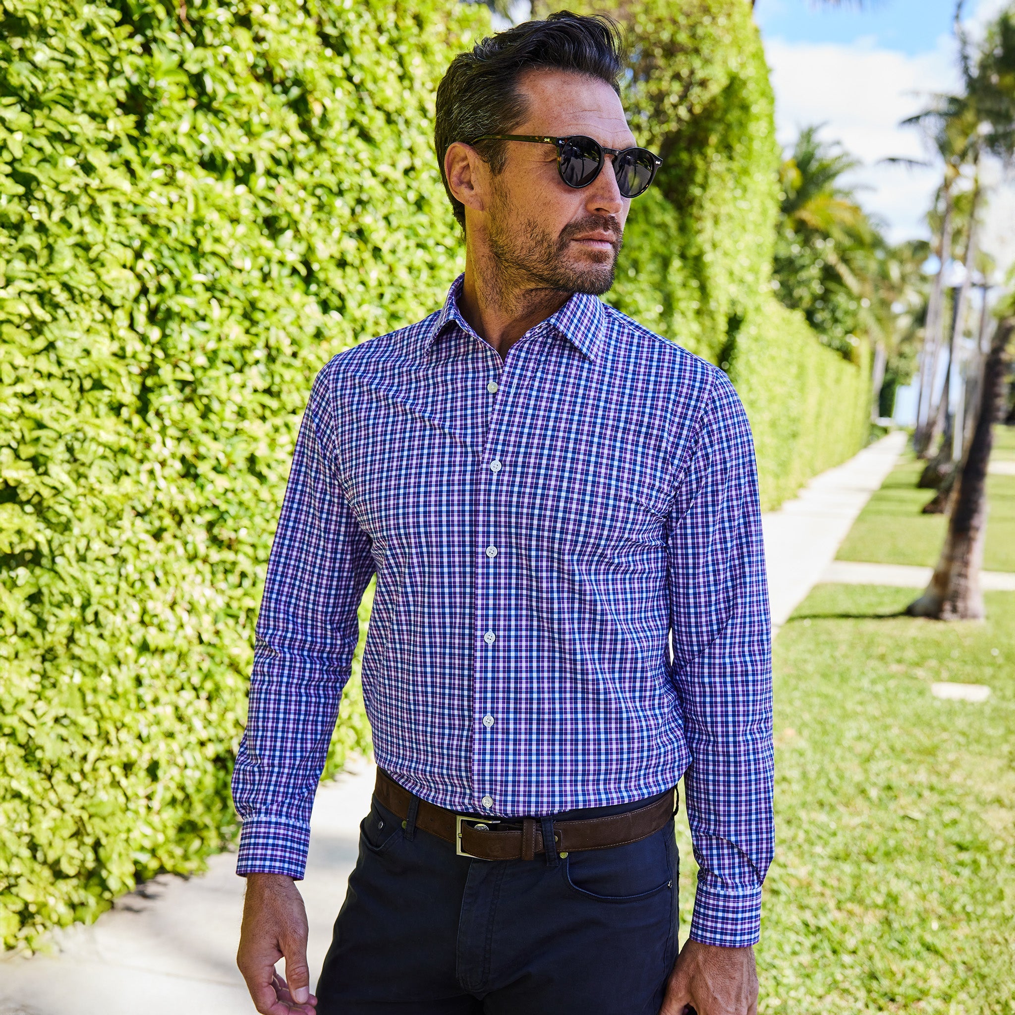Apex Performance Dress Shirt Semi-Spread Collar Purple and Blue Tattersall