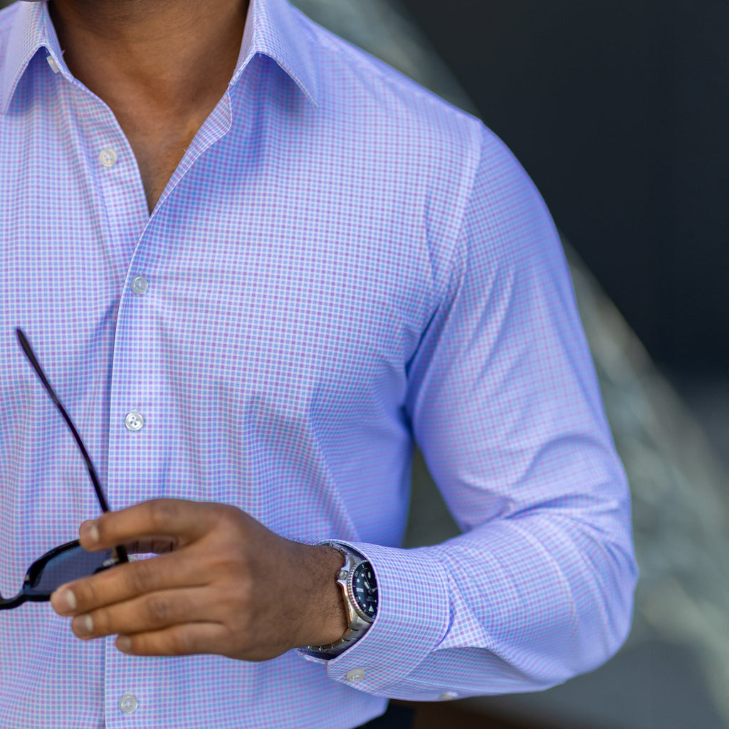Apex Performance Dress Shirt Semi-Spread Collar Lavender and Blue Multi Gingham