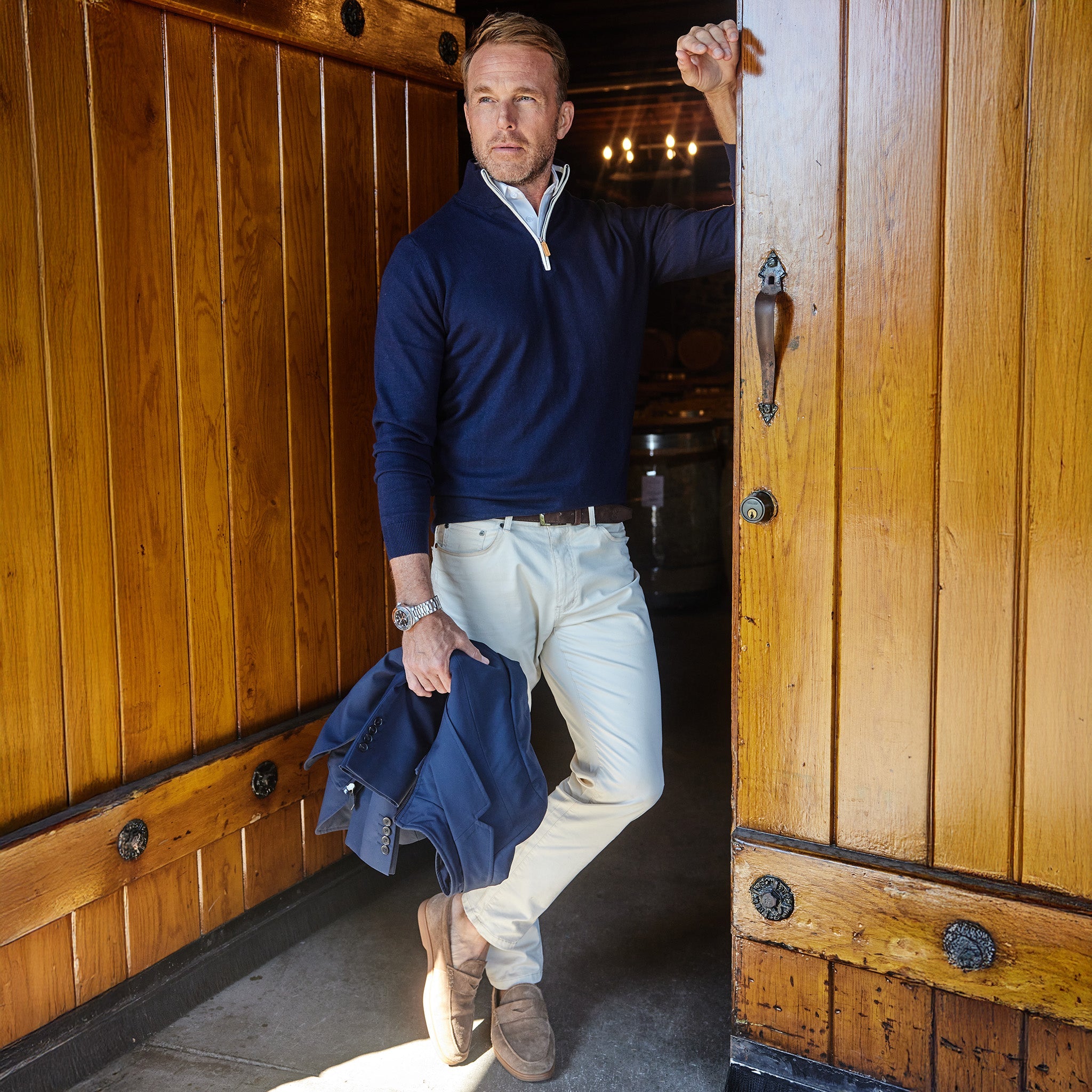 Navy with White Trim Luxury Touch Cotton and Cashmere Quarter Zip Sweater