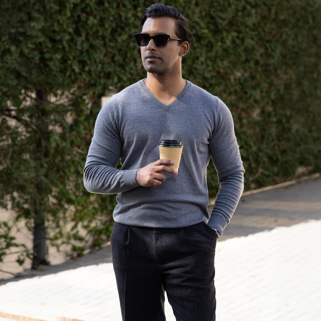 Grey Luxury Touch Cotton and Cashmere V-Neck Sweater