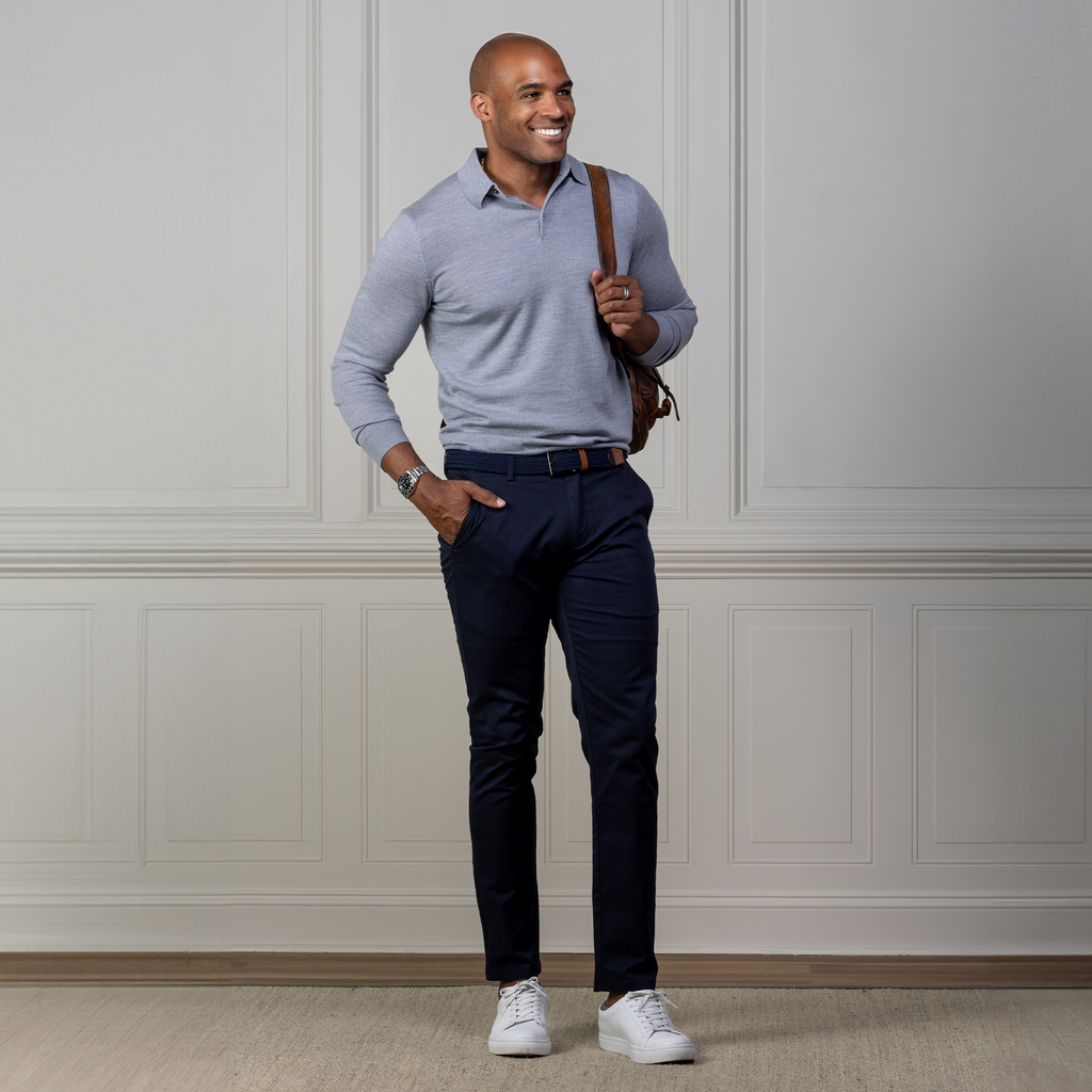 Bellagio Three Button Long Sleeve Merino Polo Slate Blue