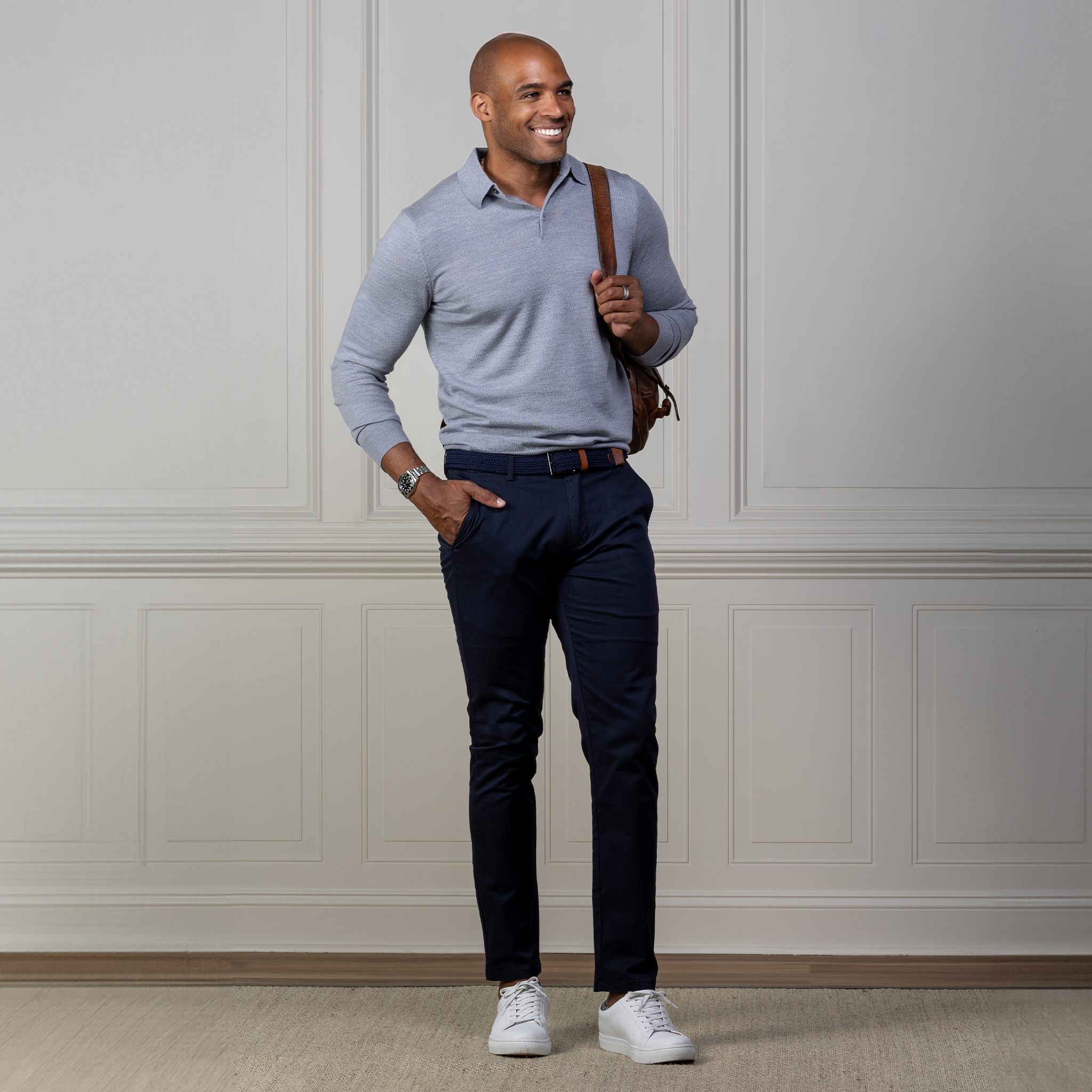 Bellagio Three Button Long Sleeve Merino Polo Slate Blue
