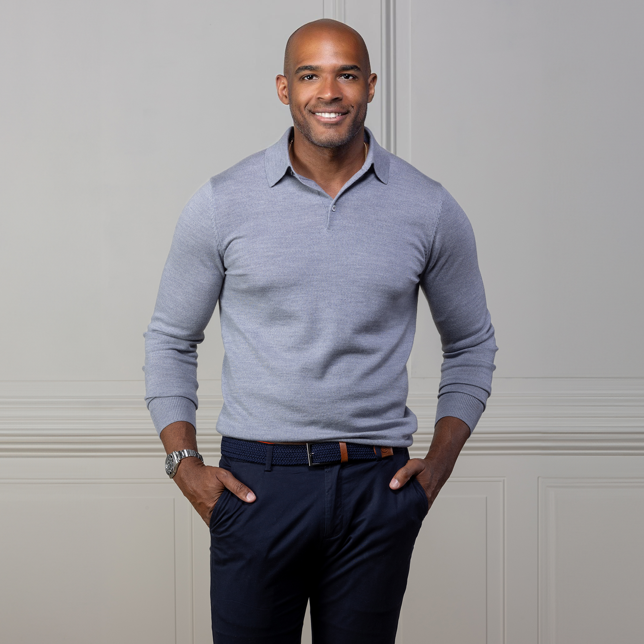 Bellagio Three Button Long Sleeve Merino Polo Slate Blue