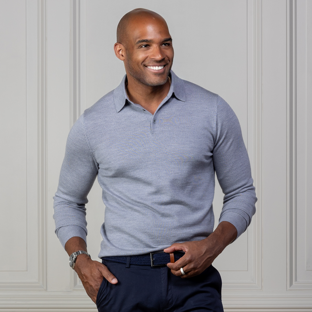 Bellagio Three Button Long Sleeve Merino Polo Slate Blue