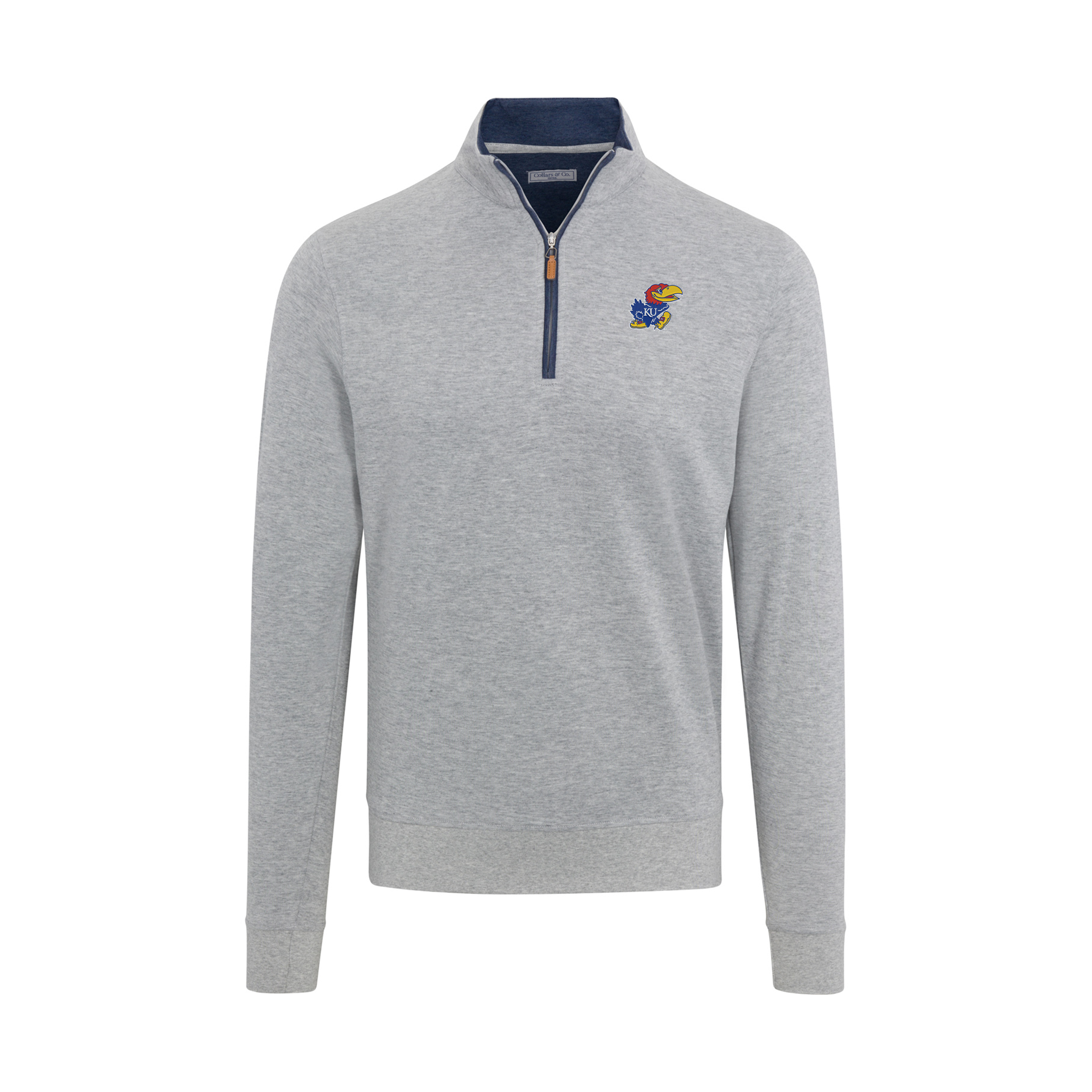 Kansas Heather Cloud Cotton Quarter Zip Pullover Light Grey with Navy Trim