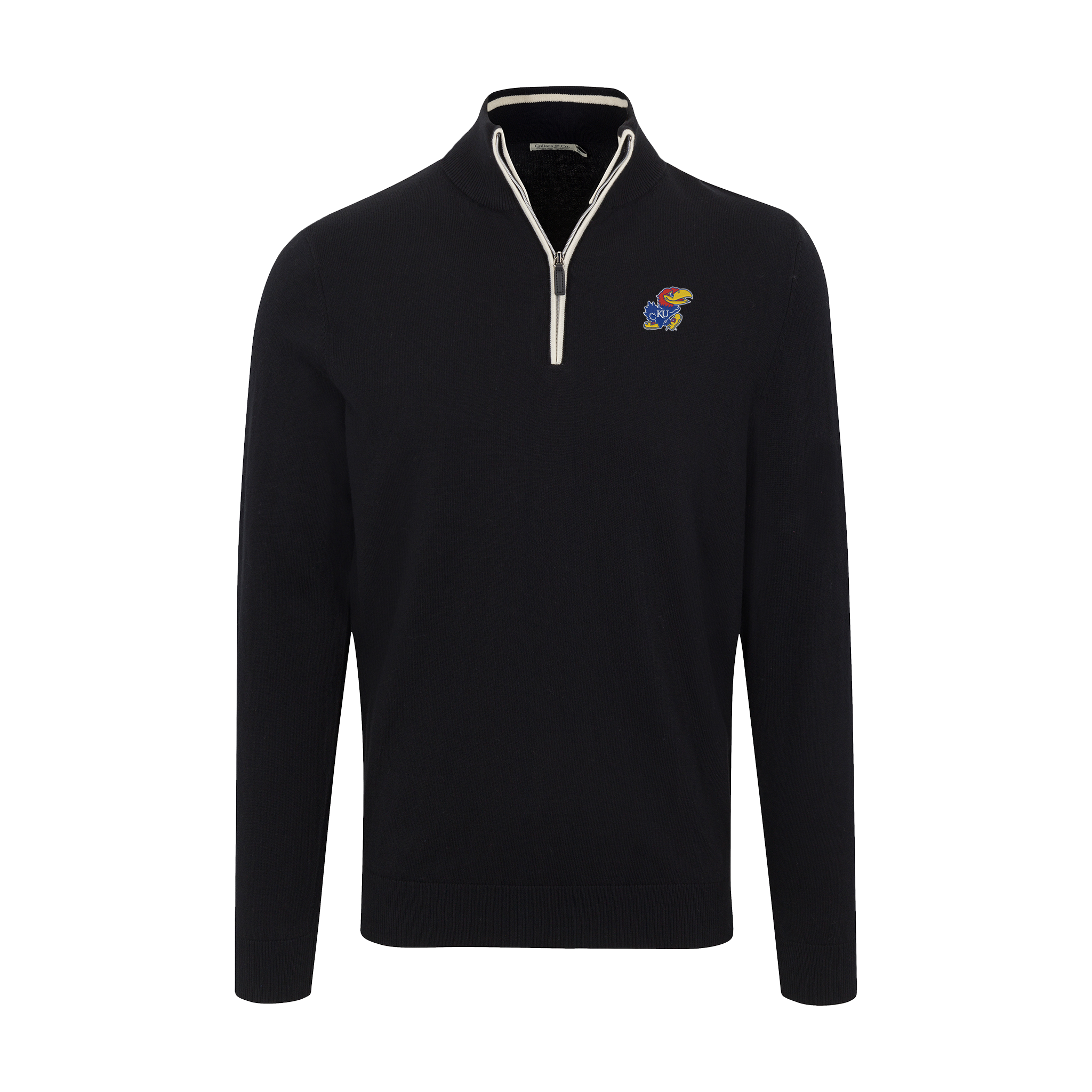 Kansas Black with White Trim Luxury Touch Cotton and Cashmere Quarter Zip Sweater