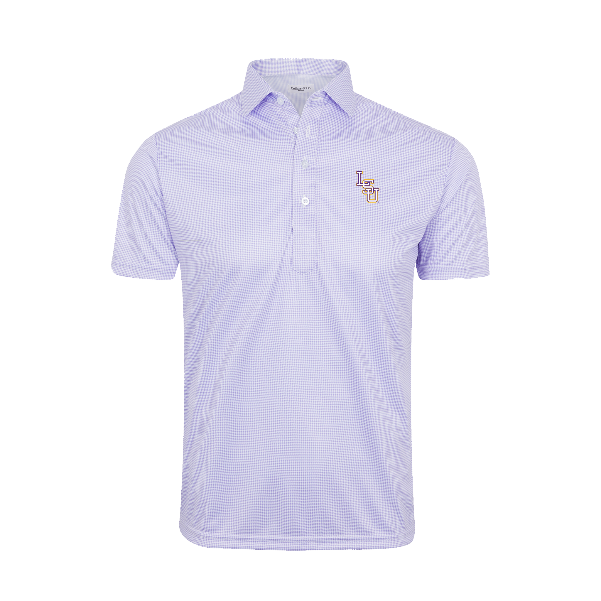 LSU Semi-Spread Collar Polo Lavender Houndstooth - Baseball Script