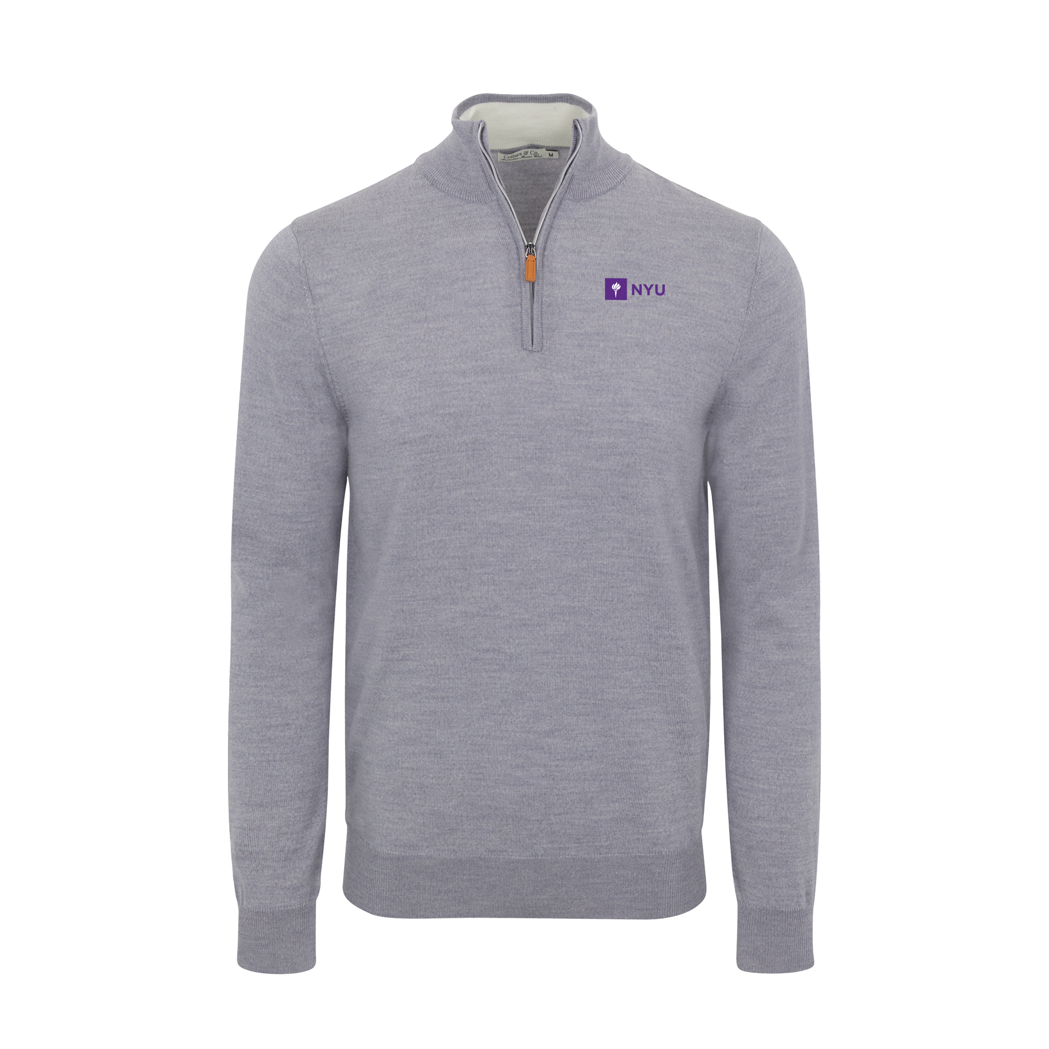 New York University Grey Melange Cashmere Touch Australian Merino Quarter Zip Sweater