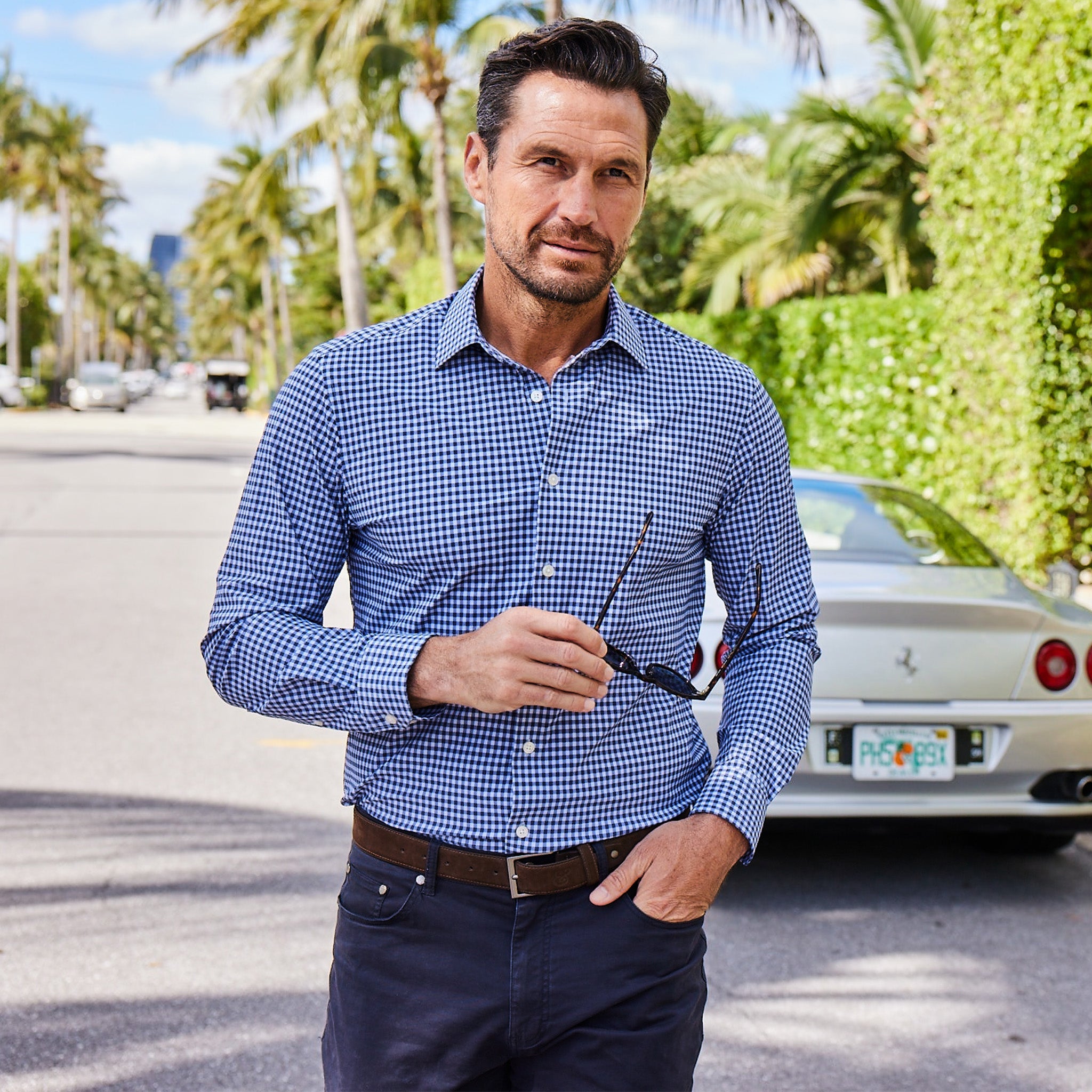 Apex Performance Dress Shirt Semi-Spread Collar Navy and Sky Gingham