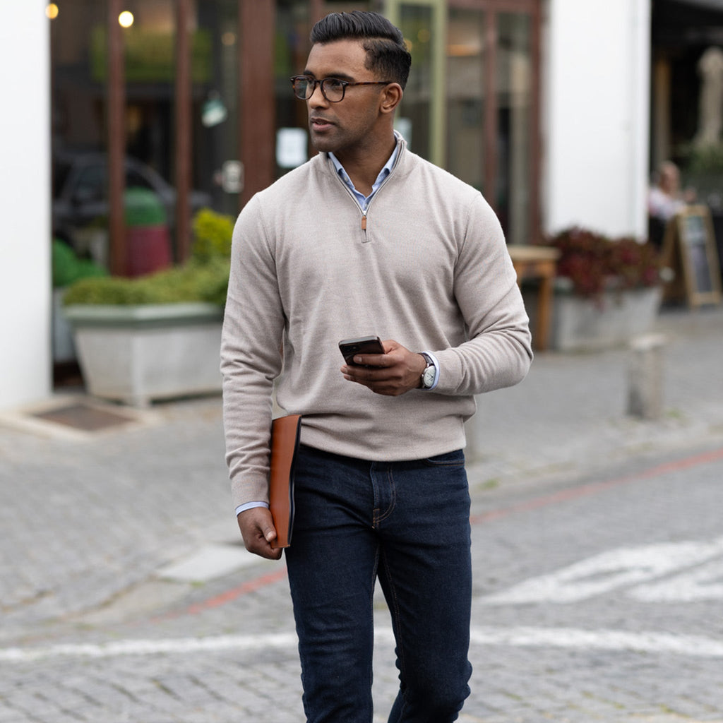 Oatmeal Cashmere Touch Australian Merino Quarter Zip Sweater