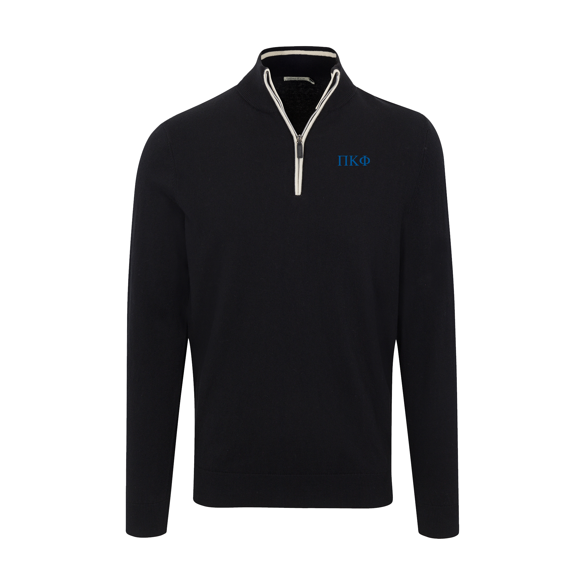 Collars & Co. Pi Kappa Phi Black with White Trim Luxury Touch Cotton and Cashmere Quarter Zip Sweater