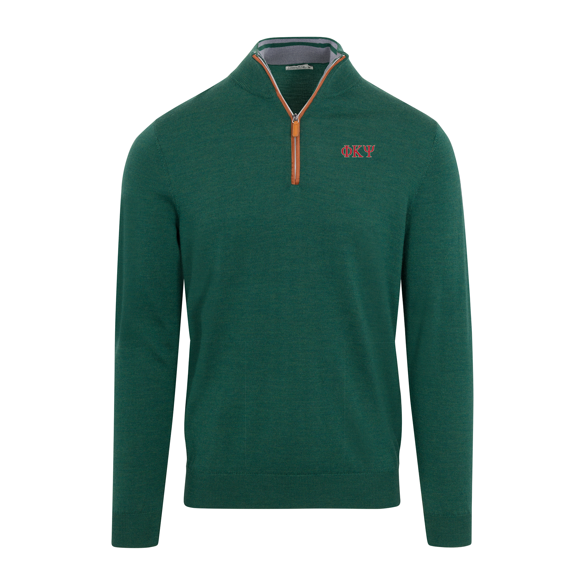 Collars & Co. Phi Kappa Psi Hunter Green with Brown Suede Trim Cashmere Touch Australian Merino Quarter Zip Sweater