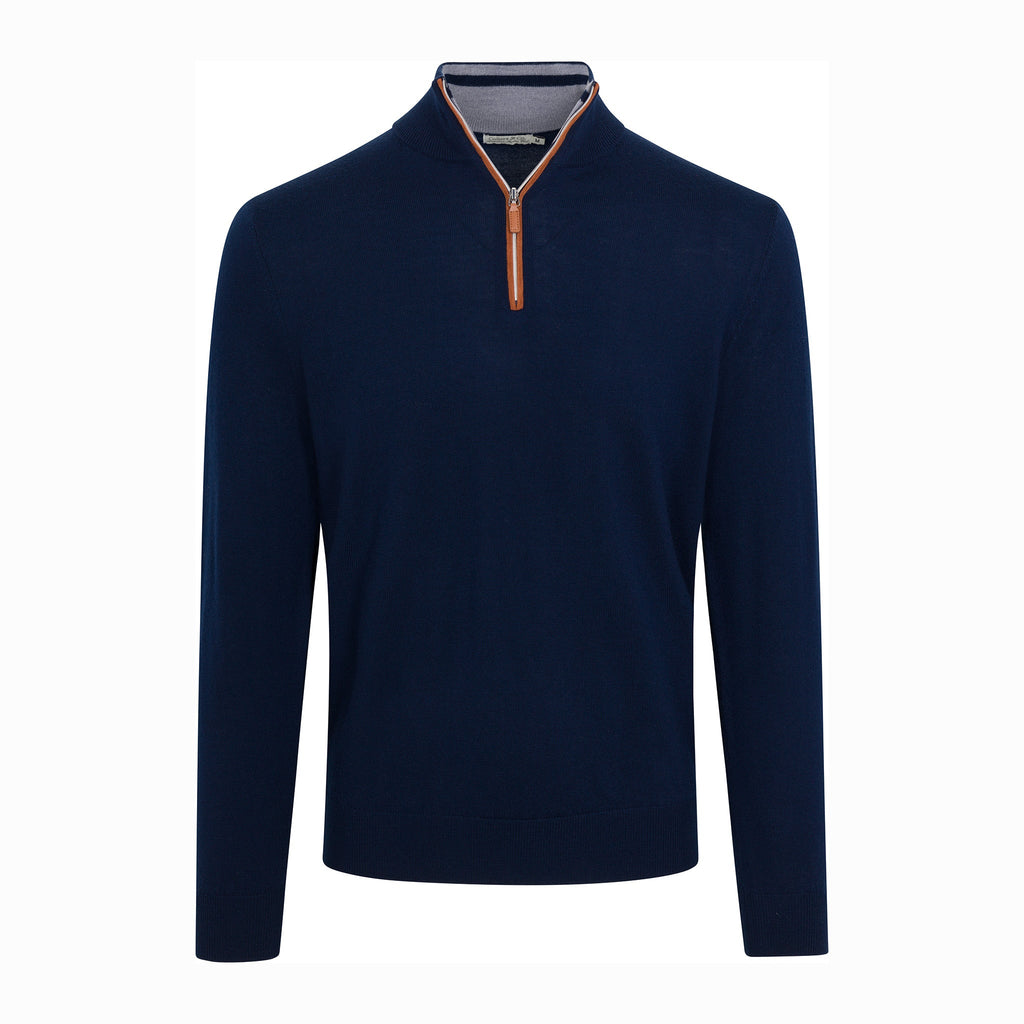 Navy with Brown Suede Trim Cashmere Touch Australian Merino Quarter Zip Sweater