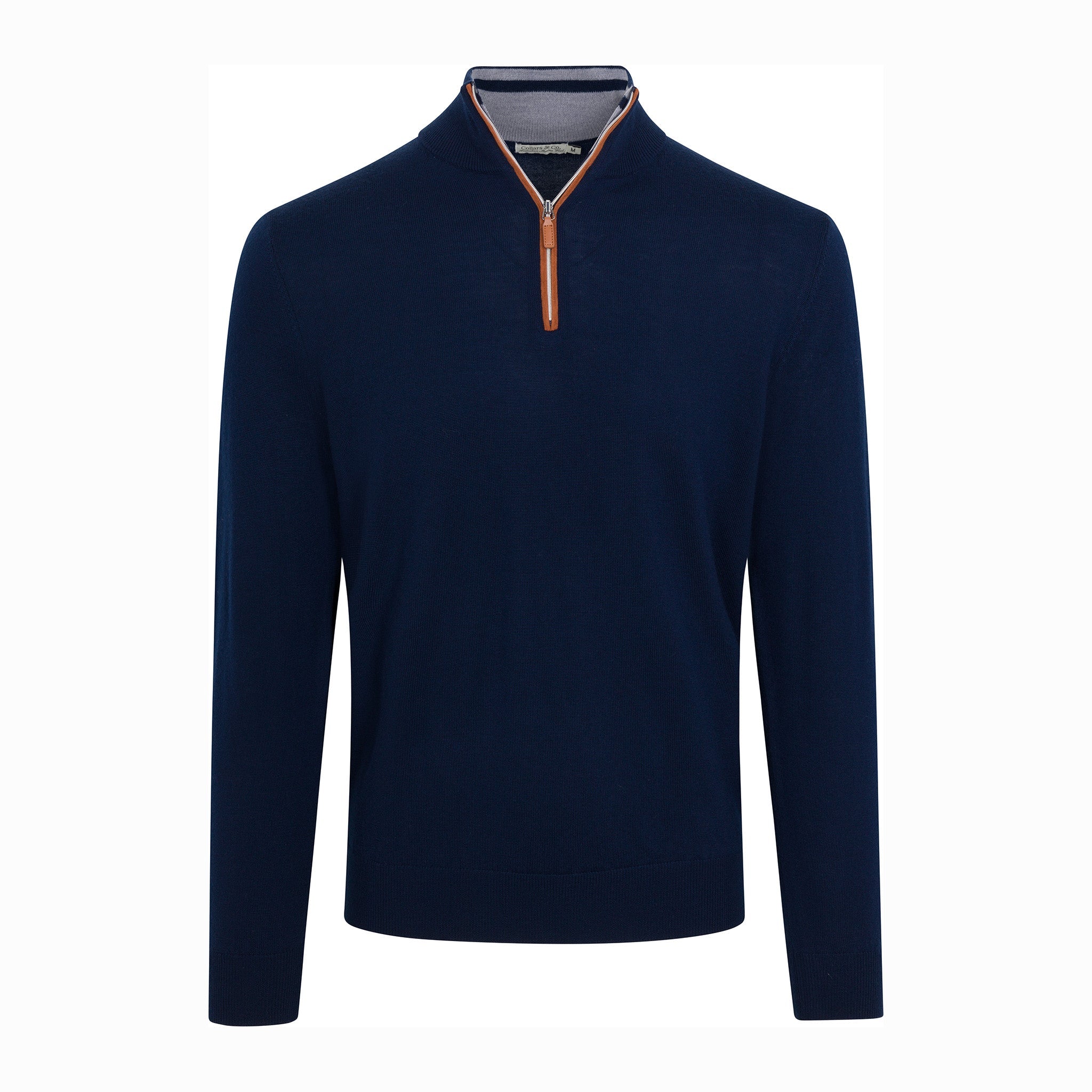 Navy with Brown Suede Trim Cashmere Touch Australian Merino Quarter Zip Sweater