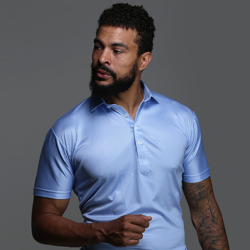 Semi-Spread Collar Polo Blue Houndstooth Relaxed
