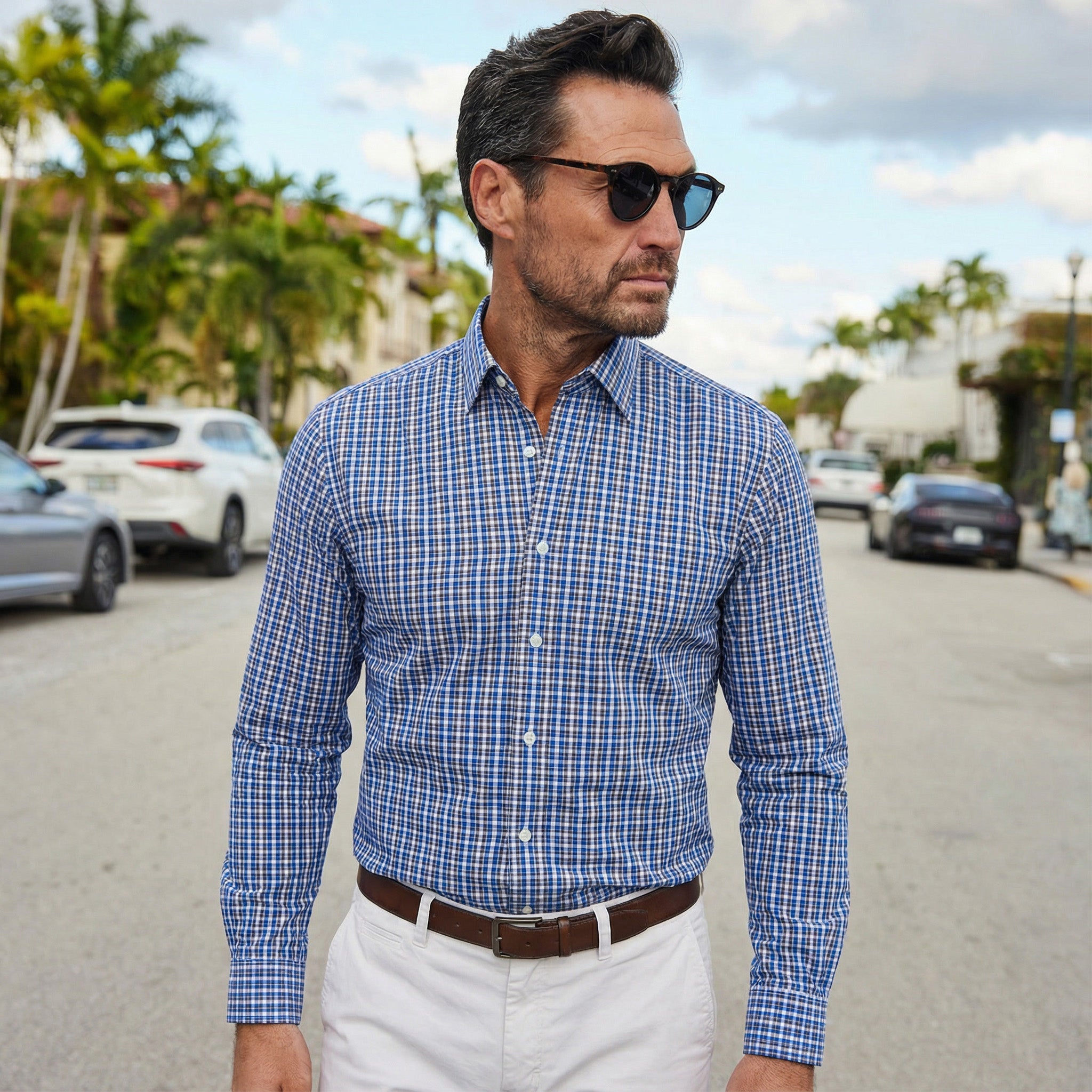 Apex Performance Dress Shirt Semi-Spread Collar Royal and Brown Tattersall