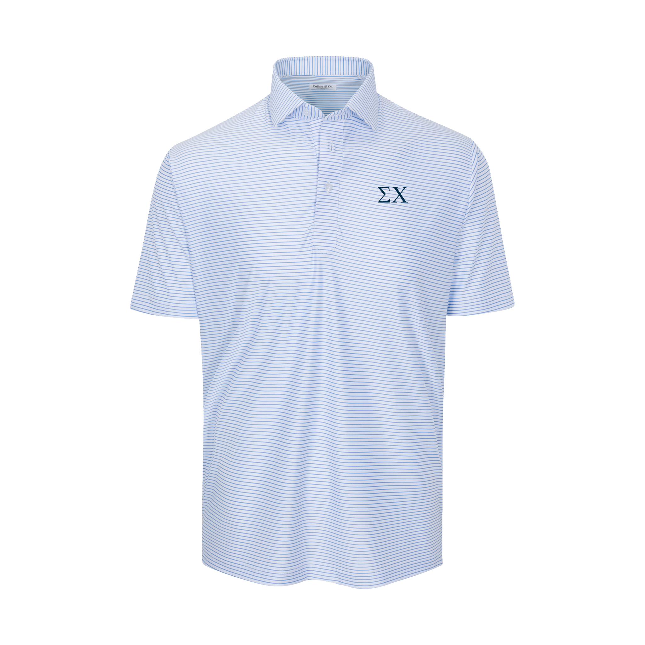 Collars & Co. Sigma Chi Featherweight Flex Polo Camden White with Blue Stripe