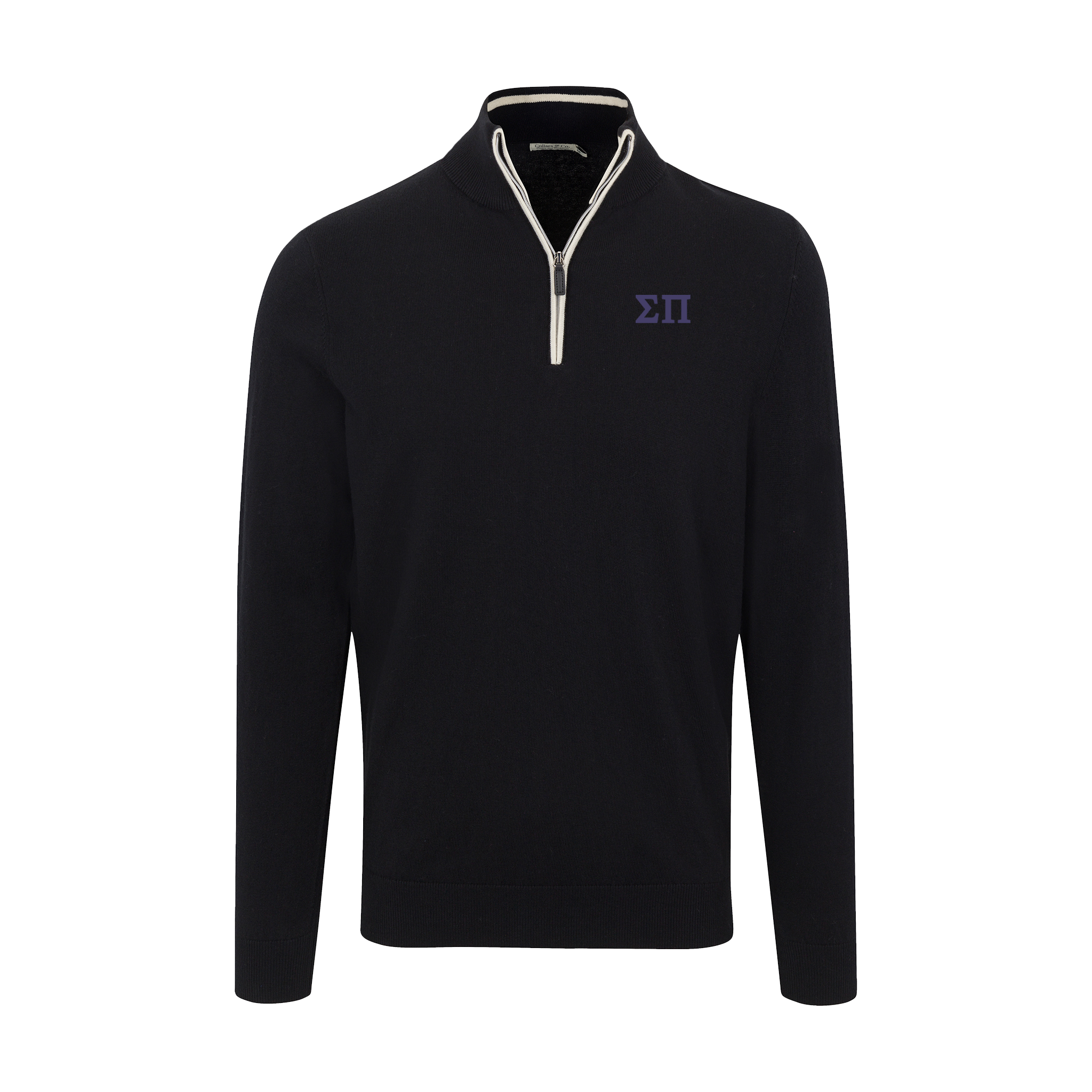 Collars & Co. Sigma Pi Black with White Trim Luxury Touch Cotton and Cashmere Quarter Zip Sweater