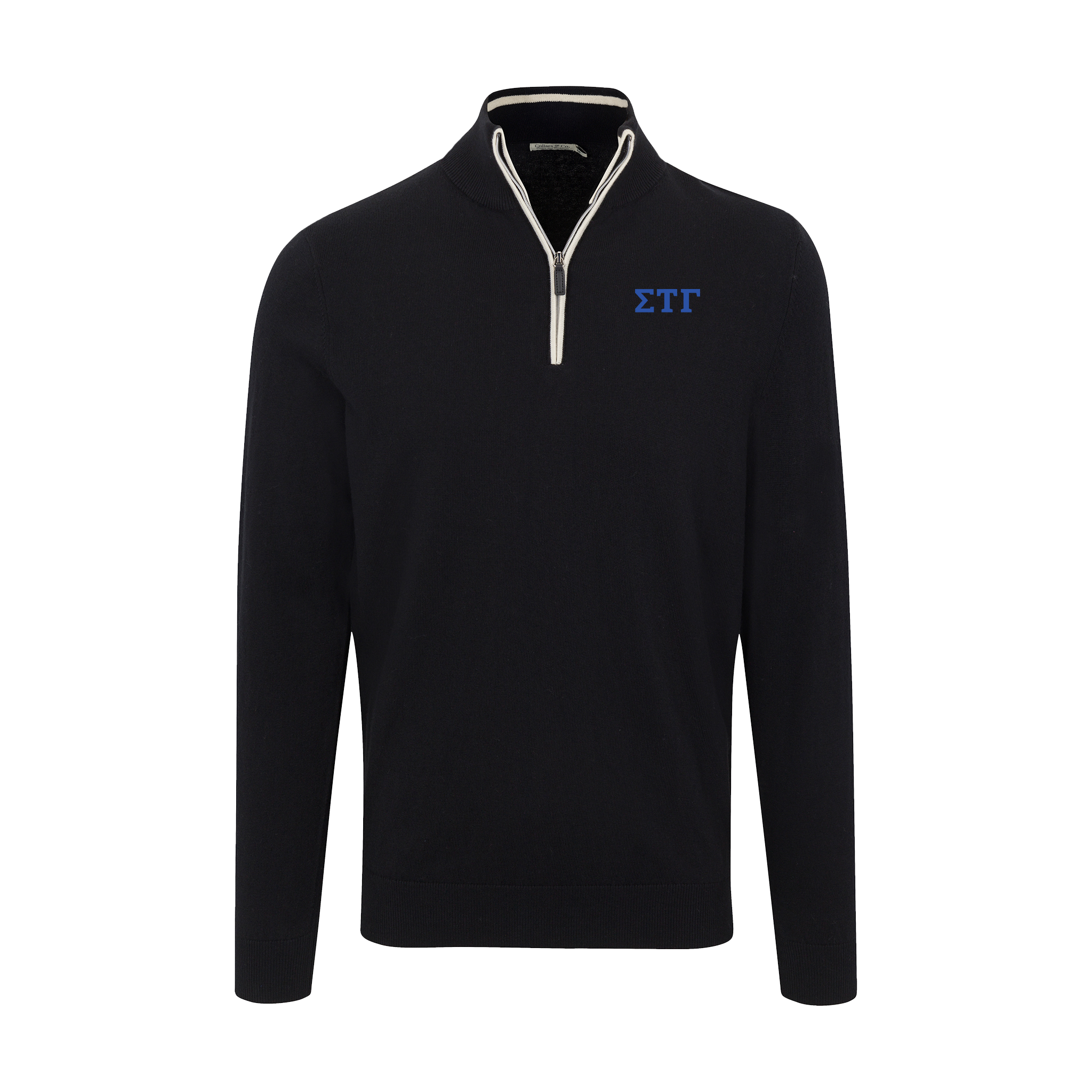 Collars & Co. Sigma Tau Gamma Black with White Trim Luxury Touch Cotton and Cashmere Quarter Zip Sweater