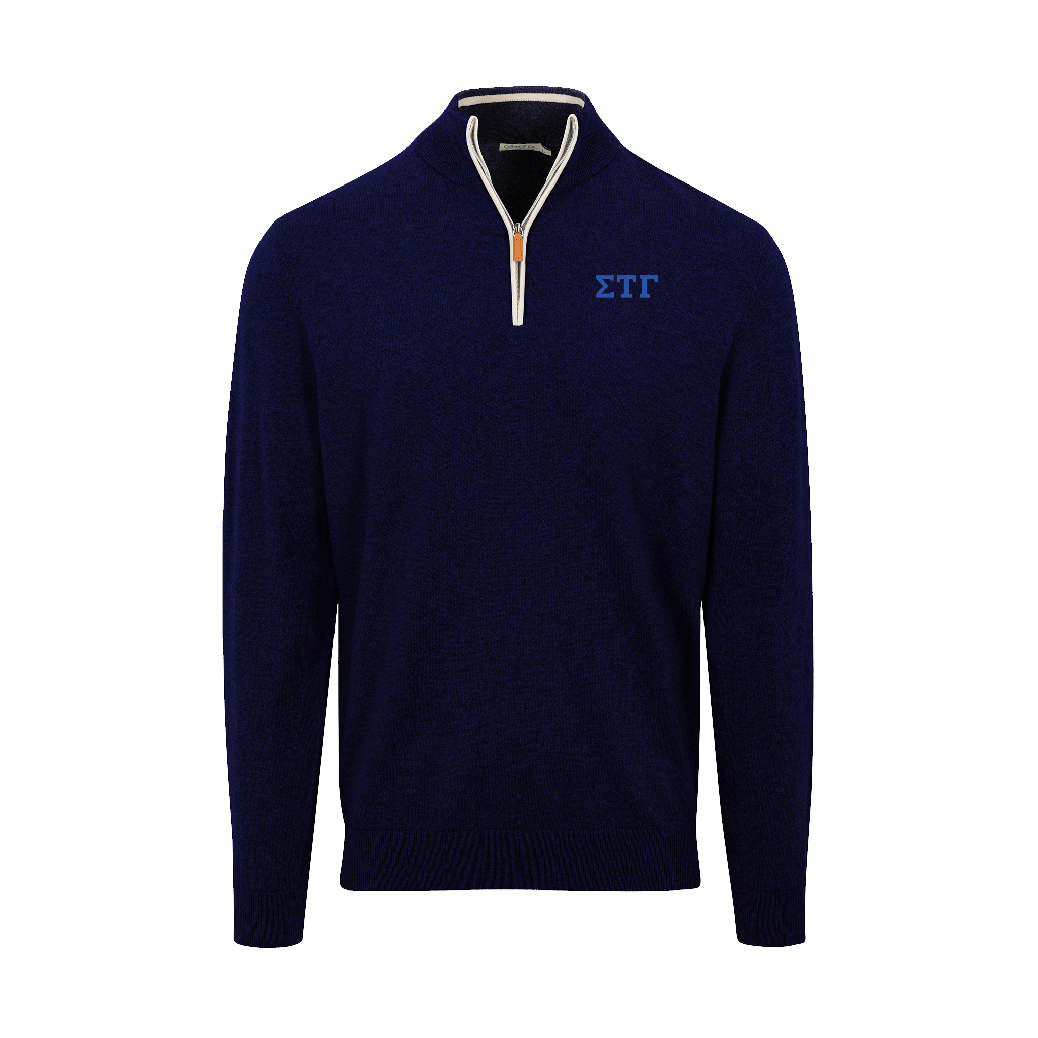 Collars & Co. Sigma Tau Gamma Navy with White Trim Luxury Touch Cotton and Cashmere Quarter Zip Sweater
