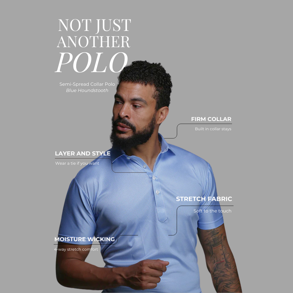 Semi-Spread Collar Polo Blue Houndstooth Relaxed
