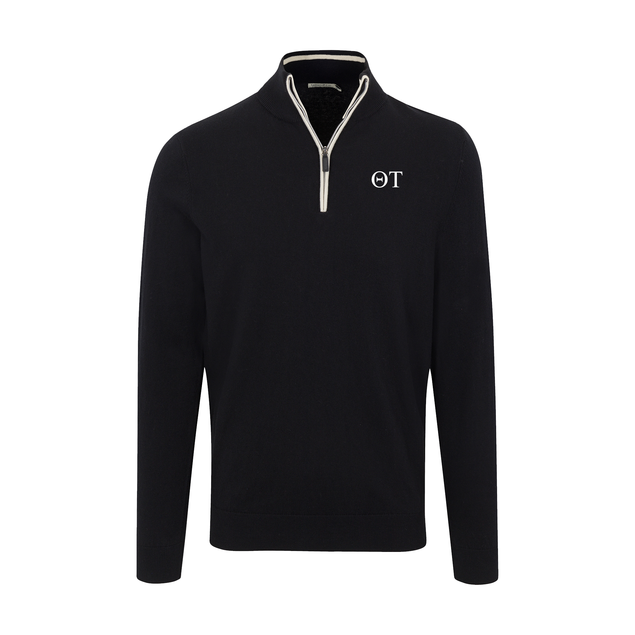 Collars & Co. Theta Tau Black with White Trim Luxury Touch Cotton and Cashmere Quarter Zip Sweater