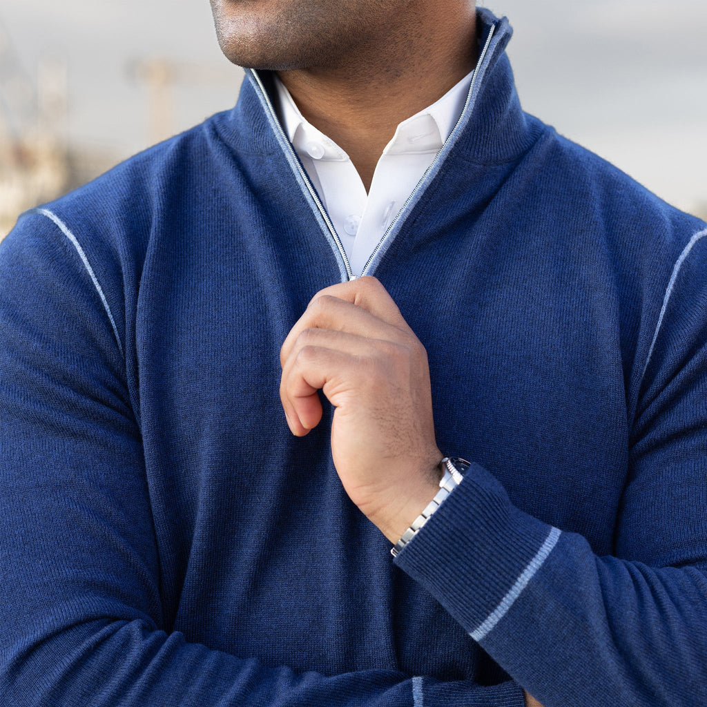Napoli Accent Quarter Zip Wool & Cashmere Sweater Navy