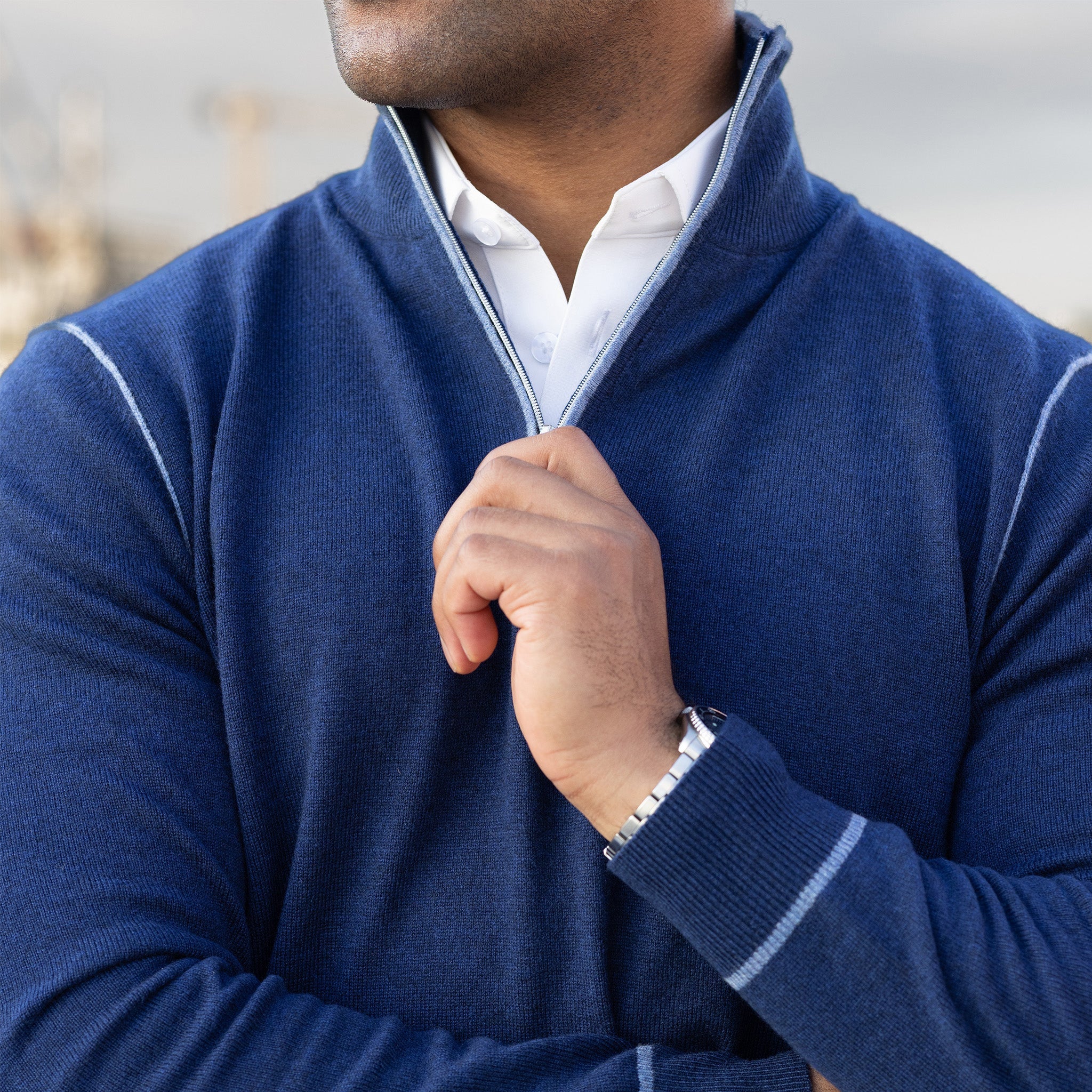 Napoli Accent Quarter Zip Wool & Cashmere Sweater Navy
