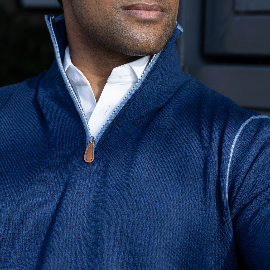 Napoli Accent Quarter Zip Wool & Cashmere Sweater Navy