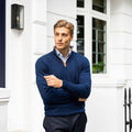 Navy with Brown Suede Trim Cashmere Touch Australian Merino Quarter Zip Sweater