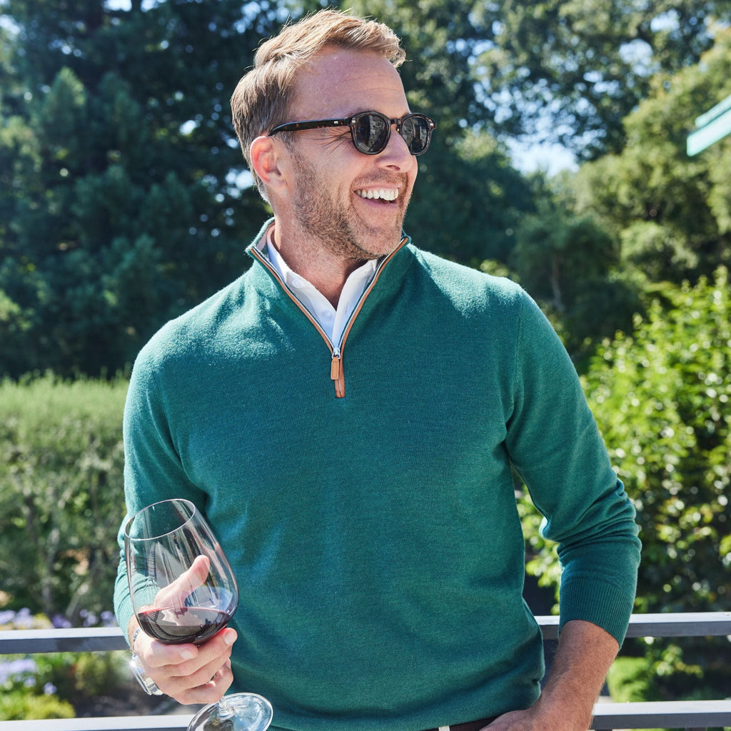 Hunter Green with Brown Suede Trim Cashmere Touch Australian Merino Quarter Zip Sweater
