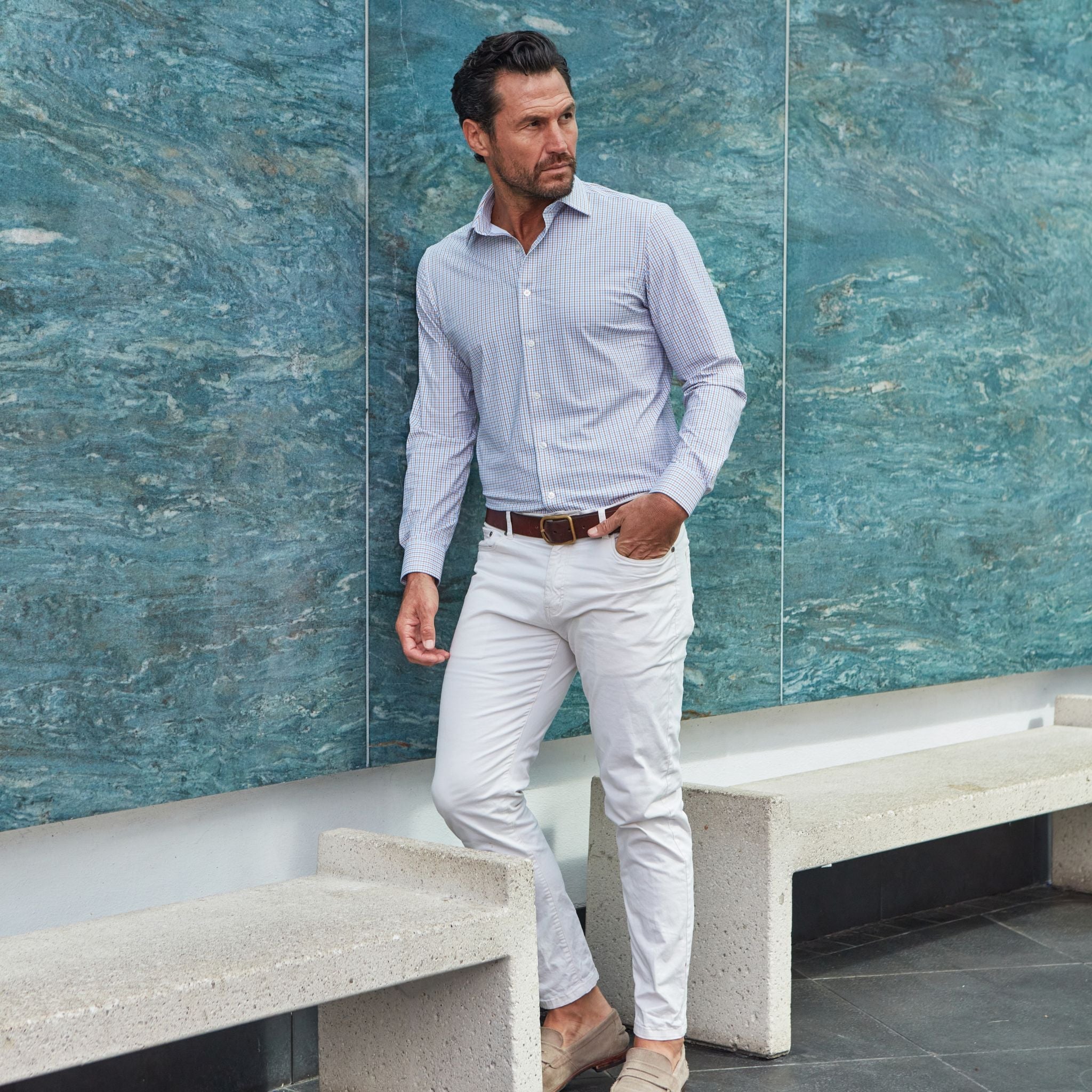 Apex Performance Dress Shirt Semi-Spread Collar Tan and Blue Tattersall