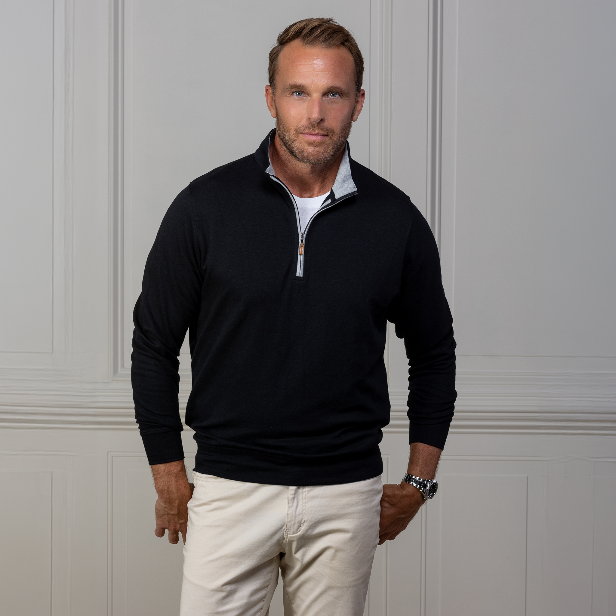 Heather Cloud Cotton Quarter Zip Black with Light Grey Trim