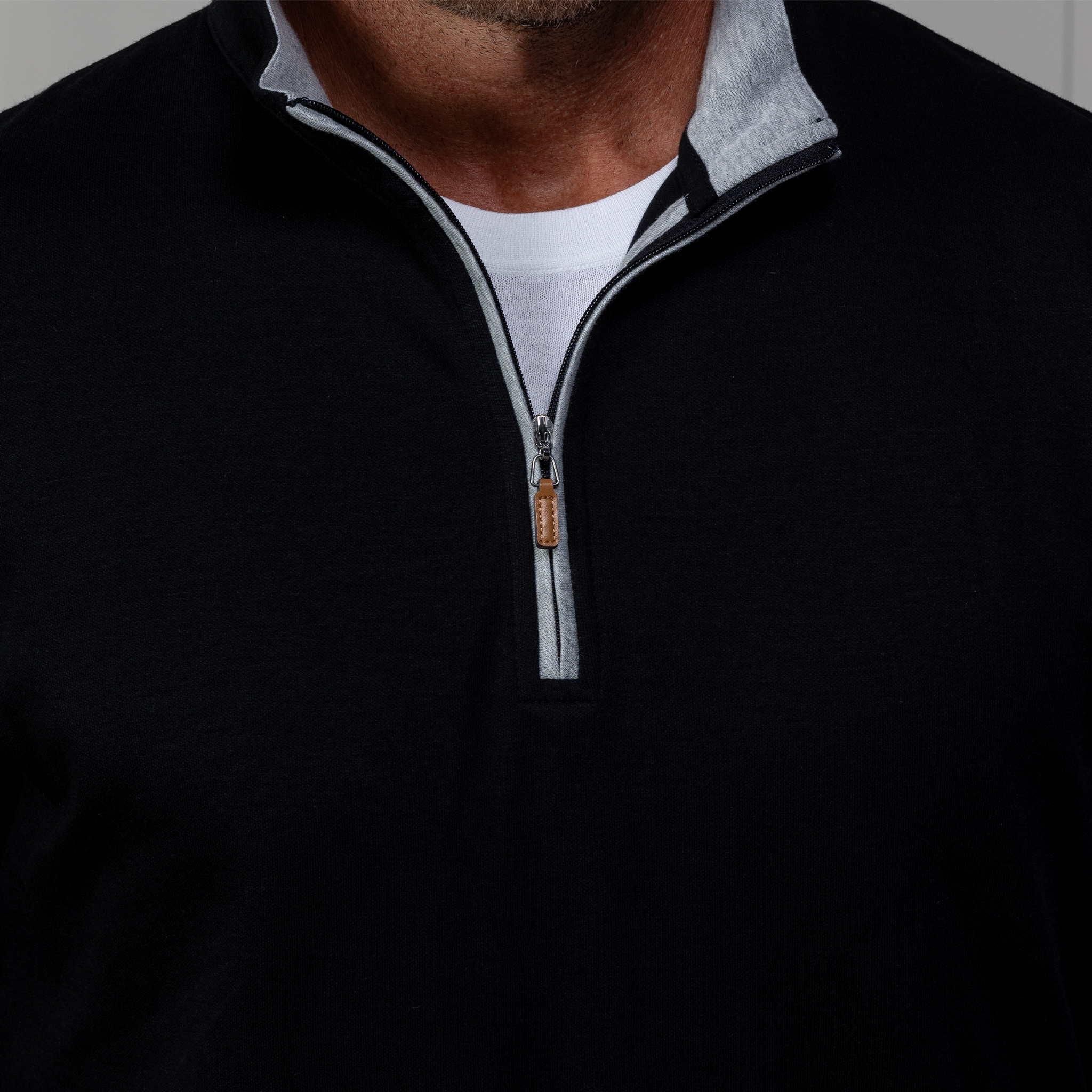 Heather Cloud Cotton Quarter Zip Black with Light Grey Trim