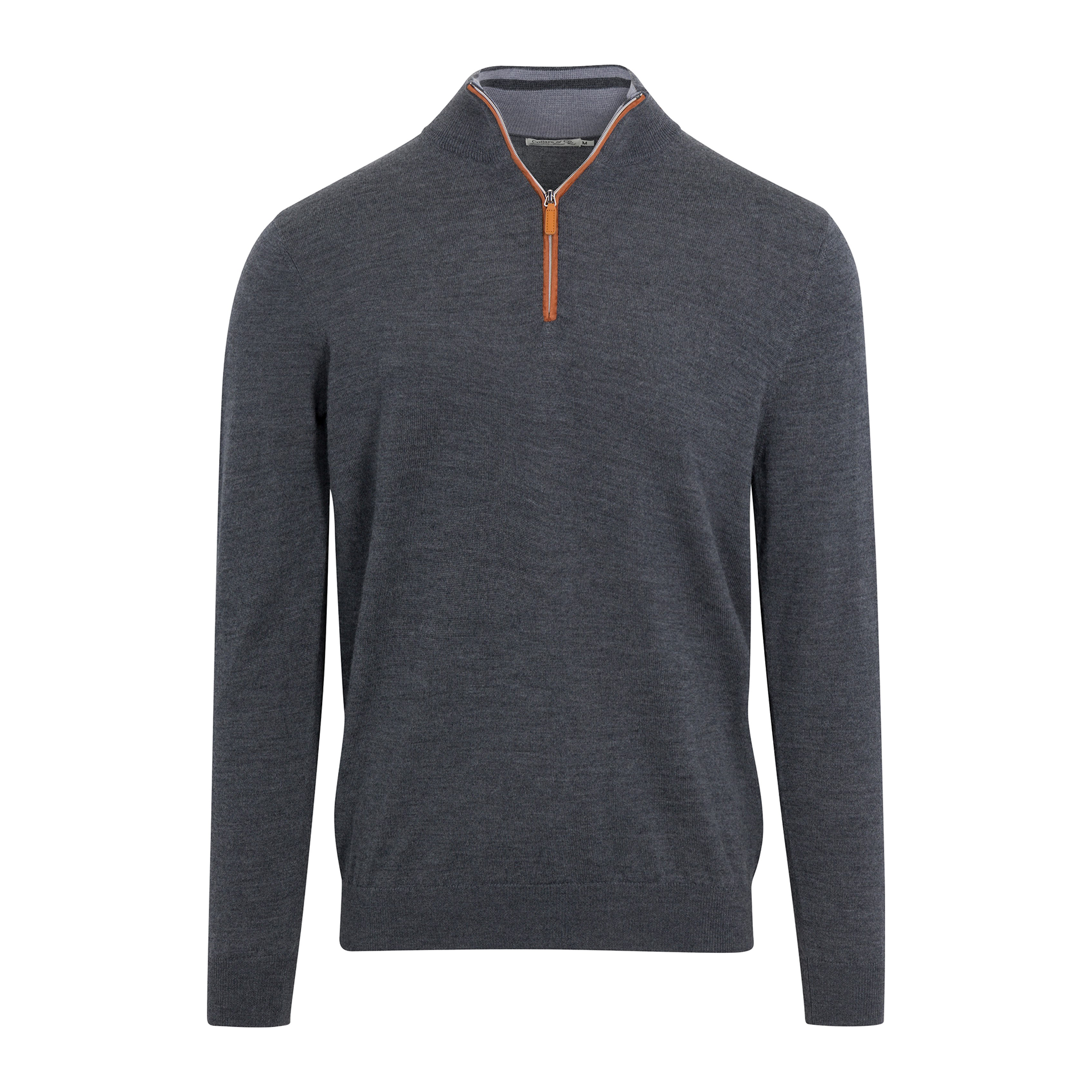 Charcoal with Brown Suede Trim Cashmere Touch Australian Merino Quarter Zip Sweater