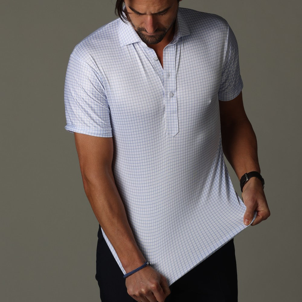 Semi-Spread Collar Polo Thin Blue Check Relaxed