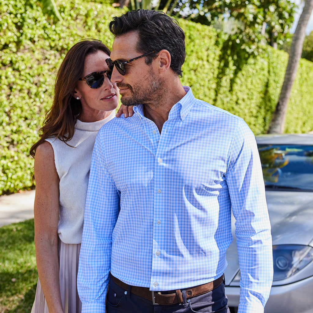 Apex Performance Dress Shirt Oxford Button Down Collar Light Blue Gingham