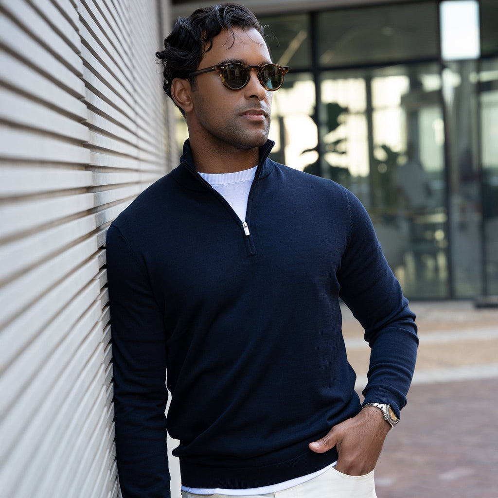 Maranello Cotton & Silk Quarter Zip Navy
