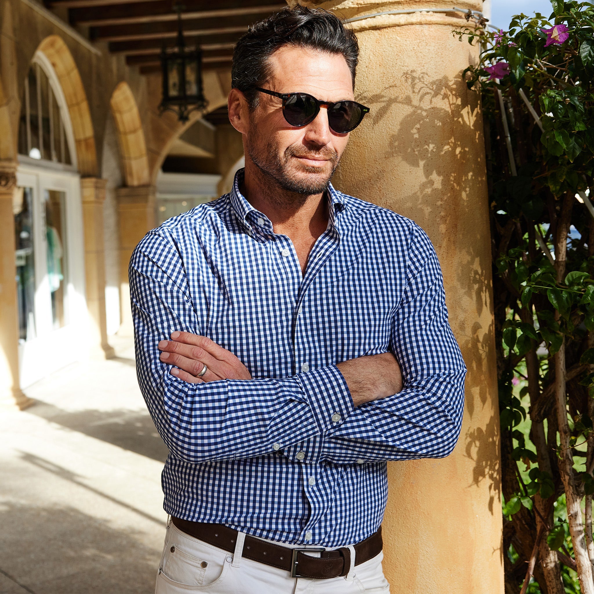 Apex Performance Dress Shirt Oxford Button Down Collar Navy Gingham