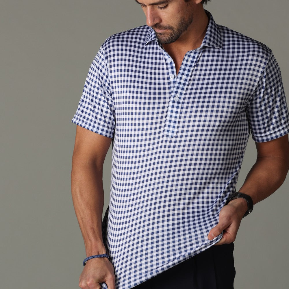 Semi-Spread Collar Polo Navy Gingham Original Tall