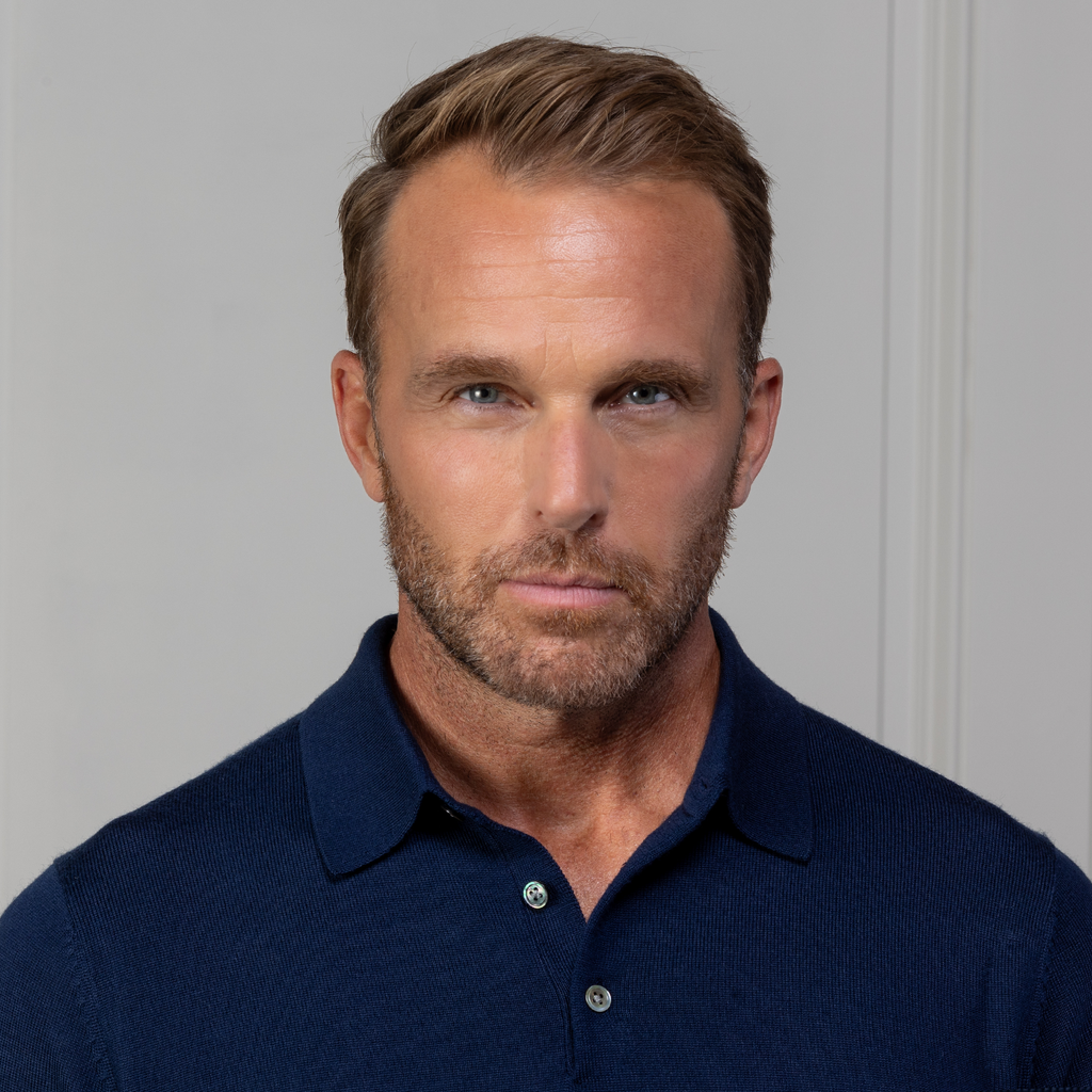 Bellagio Three Button Long Sleeve Merino Polo Navy