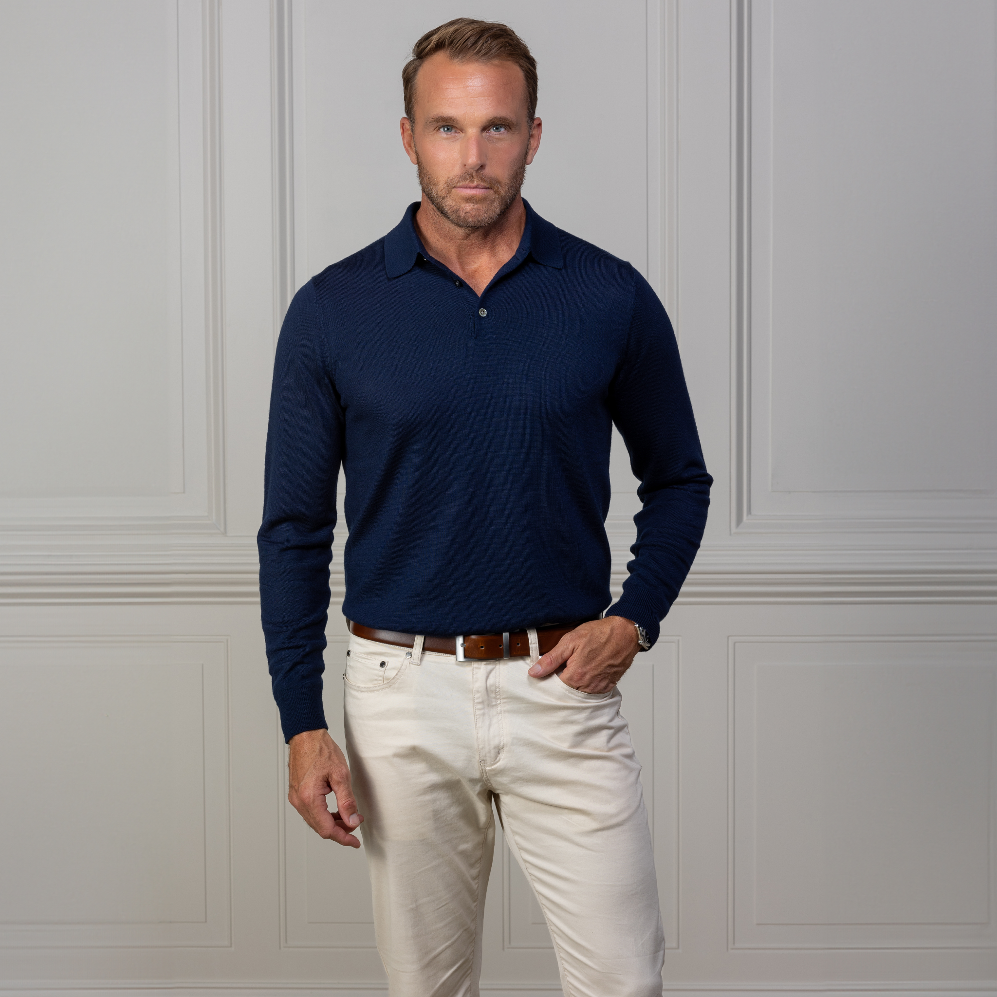 Bellagio Three Button Long Sleeve Merino Polo Navy