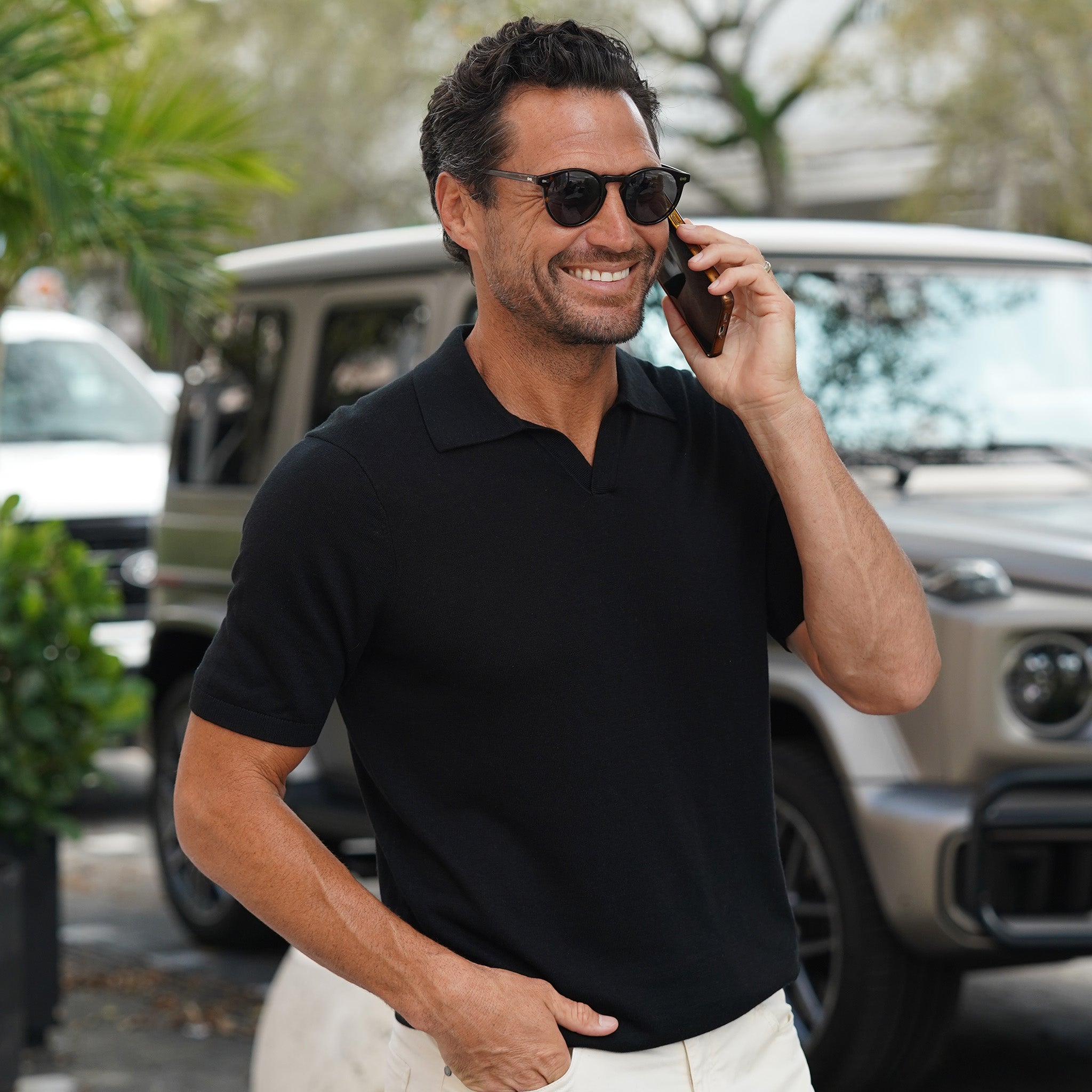 Ravello Summer Weight Linen Blend Polo Black