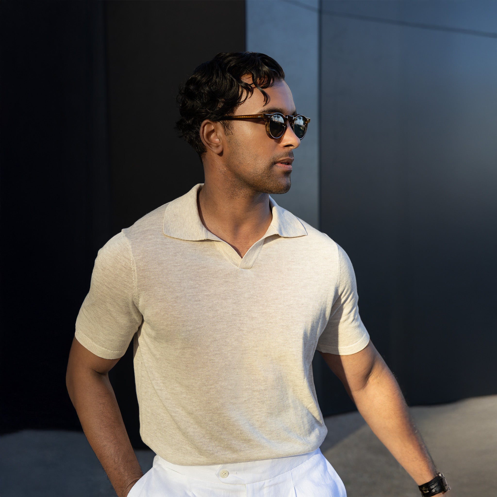 Ravello Summer Weight Linen Blend Polo Beige