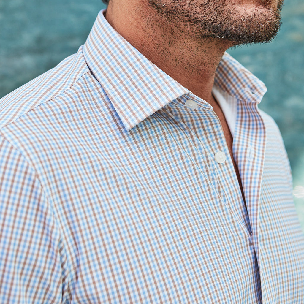 Apex Performance Dress Shirt Semi-Spread Collar Tan and Blue Tattersall