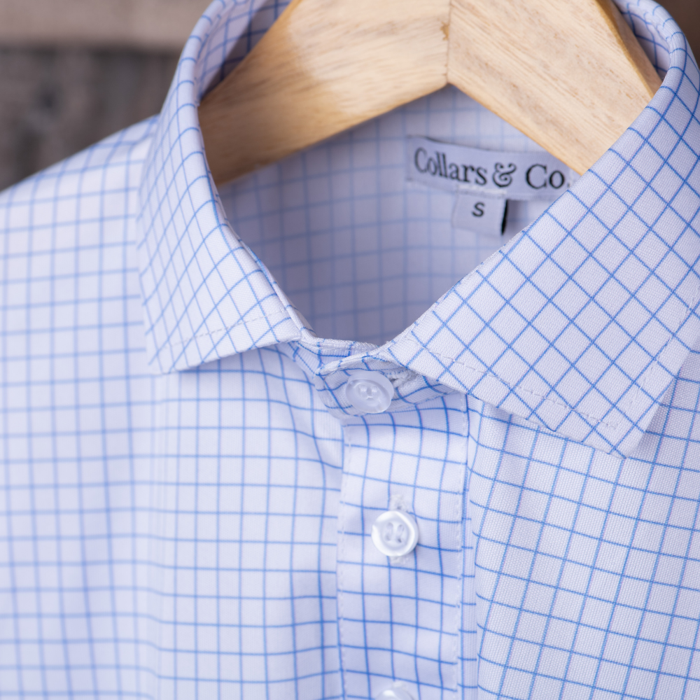 Semi-Spread Collar Polo Thin Blue Check Relaxed