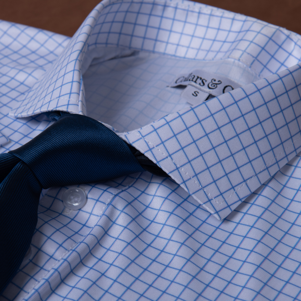 Semi-Spread Collar Polo Thin Blue Check Relaxed